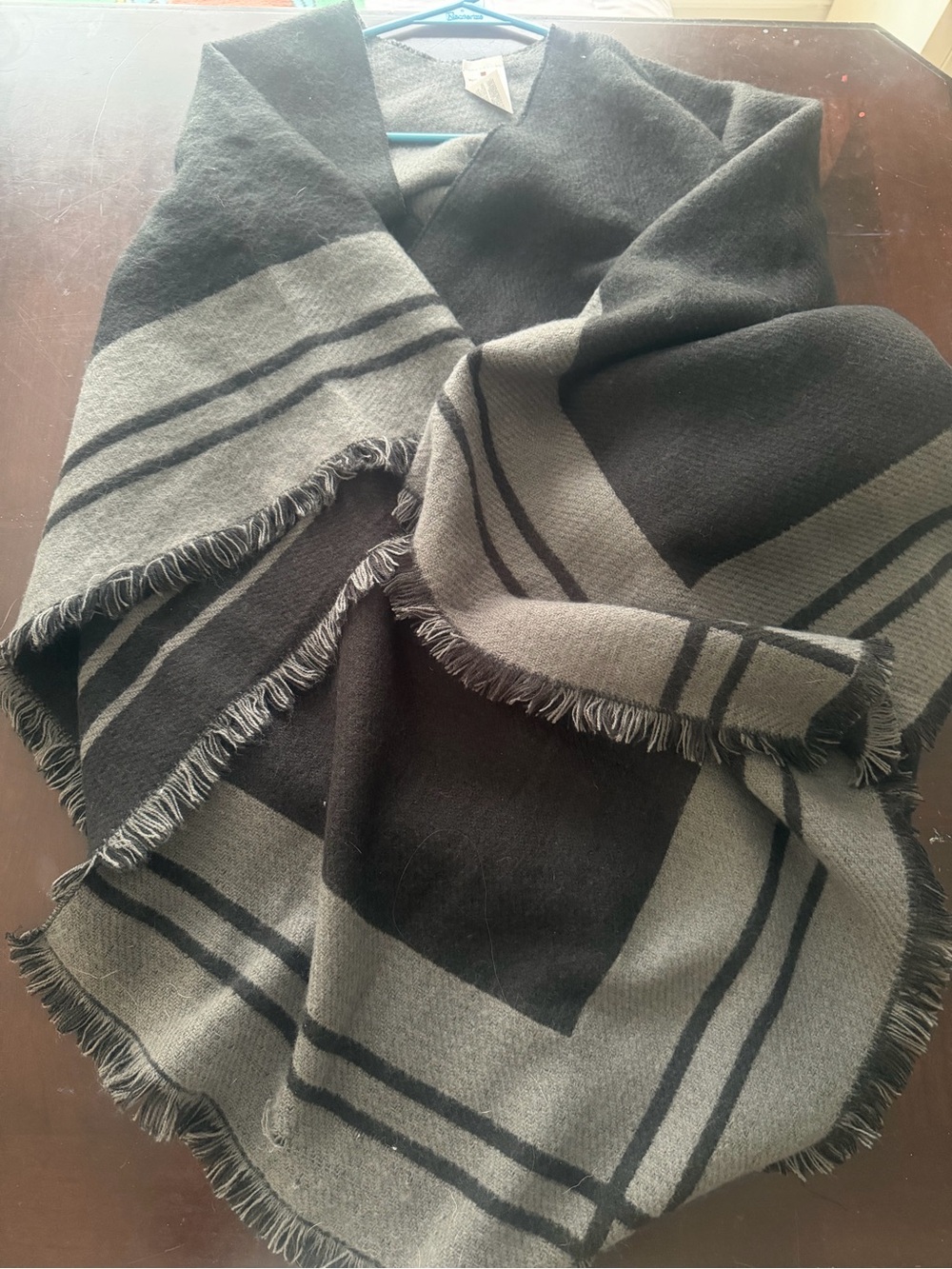 Woolrich Black and Gray Fringed Wool Wrap Scarf
